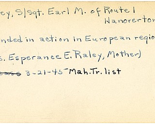World War II, Vindicator, Earl M. Raley, Hanoverton, wounded, Europe, Mrs. Esperance E. Raley, 1945, Mahoning, Trumbull
