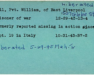 World War II, Vindicator, William Rall, East Liverpool, prisoner, missing, Italy, liberated, 1943, 1945, Mahoning, Trumbull