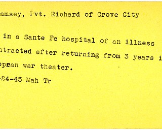 World War II, Vindicator, Richard Ramsey, Grove City, died, Sante Fe Hospital, illness, Europe, European War Theater, 1945, Mahoning, Trumbull