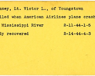 World War II, Vindicator, Victor L. Ramsey, Youngstown, killed, American Airlines plane crashed in Mississippi River, body recovered, 1944