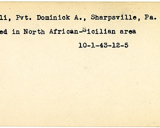 World War II, Vindicator, Dominick A. Ranelli, Sharpsville, Pennsylvania, wounded, North African-Sicilian, 1943, North Africa, Sicily