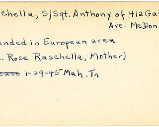 World War II, Vindicator, Anthony Raschella, McDonald, wounded, Europe, Mrs. Rose Raschella, 1945, Mahoning, Trumbull