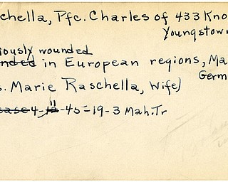 World War II, Vindicator, Charles Raschella, Youngstown, wounded, Europe, Germany, Mrs. Marie Rashcella, 1945, Mahoning, Trumbull