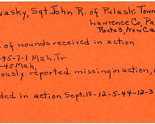 World War II, Vindicator, John R. Ratvasky, Pulaski Township, Lawrence County, Pennsylvania, New Castle, died of wounds, killed, wounded, 1945, missing, 1944, Mahoning, Trumbull