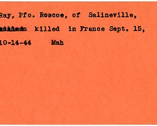 World War II, Vindicator, Roscoe Ray, Salineville, killed, France, 1944, Mahoning
