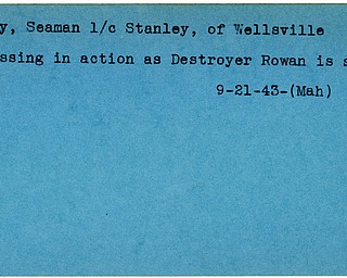 World War II, Vindicator, Stanley Ray, Wellsville, missing, Destroyer Rowan, sunk, 1943, Mahoning