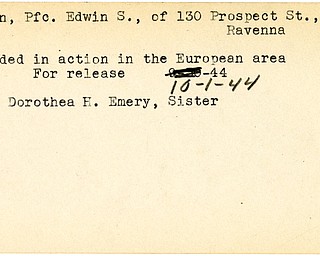World War II, Vindicator, Edwin S. Rayen, Ravenna, wounded, Europe, 1944, Mrs. Dorothea H. Emery