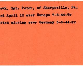 World War II, Vindicator, Peter Rayhaok, Sharpsville, Pennsylvania, missing, Germany, killed, Europe, 1944, Trumbull