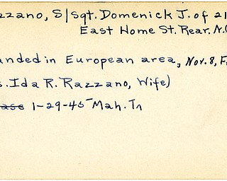 World War II, Vindicator, Domenick J. Razzano, New Castle, wounded, Europe, France, Mrs. Ida R. Razzano, 1945, Mahoning, Trumbull