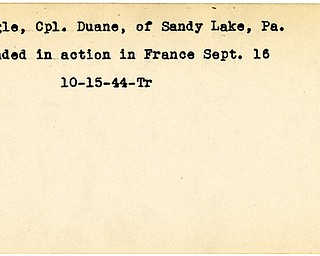 World War II, Vindicator, Duane Reagle, Sandy Lake, Pennsylvania, wounded, France, 1944, Trumbull