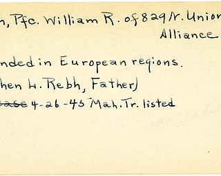 World War II, Vindicator, William R. Rebh, Alliance, wounded, Europe, Stephen L. Rebh, 1945, Mahoning, Trumbull