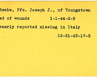 World War II, Vindicator, Joseph J. Redeske, Youngstown, missing, Italy, wounded, died of wounds, killed, 1943, 1944
