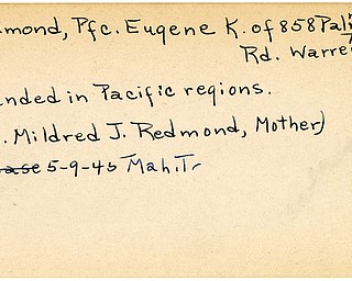 World War II, Vindicator, Eugene K. Redmond, Warren, wounded, Pacific, Mrs. Mildred J. Redmond, 1945, Mahoning, Trumbull