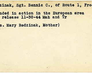 World War II, Vindicator, Bennie C. Redzinak, Fredonia, wounded, Europe, 1944, Mahoning, Trumbull, Mrs. Mary Redzinak