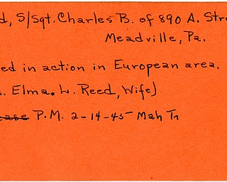 World War II, Vindicator, Charles B. Reed, Meadville, Pennsylvania, killed, Europe, Mrs. Elma L. Reed, 1945, Mahoning, Trumbull