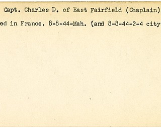 World War II, Vindicator, Charles D. Reed, East Fairfield, Chaplain, wounded, France, 1944, Mahoning