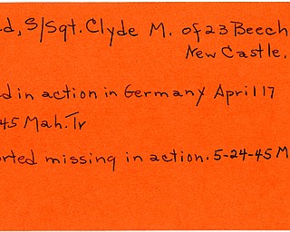 World War II, Vindicator, Clyde M. Reed, New Castle, missing, killed, Germany, 1945, Mahoning, Trumbull