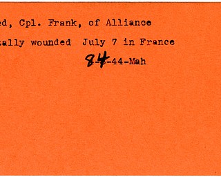 World War II, Vindicator, Frank Reed, Alliance, wounded, fatally wounded, France, 1944, Mahoning