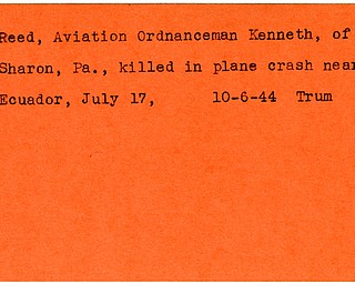 World War II, Vindicator, Kenneth Reed, Sharon, Pennsylvania, killed, plane crash, Ecuador, 1944, Trumbull
