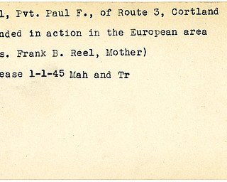 World War II, Vindicator, Paul F. Reel, Cortland, wounded, Europe, Mrs. Frank B. Reel, 1945, Mahoning, Trumbull