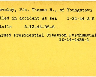 World War II, Vindicator, Thomas R. Reeveley, Youngstown, killed in accident at sea, 1944, Awarded Presidential Citation Posthumously