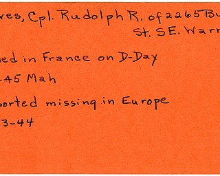 World War II, Vindicator, Rudolph R. Reeves, Warren, missing, Europe, killed, France, D-Day, 1944, 1945, Mahoning