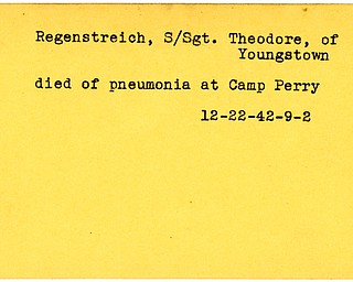 World War II, Vindicator, Theodore Regenstreich, Youngstown, died of pneumonia, Camp Perry, 1942