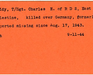 World War II, Vindicator, Charles E. Reidy, East Palestine, missing, killed, Germany, 1943, 1944, Mahoning