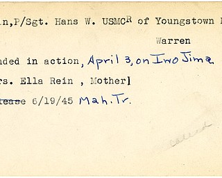 World War II, Vindicator, Hans W. Rein, Warren, wounded, Iwo Jima, Mrs. Ella Rein, 1945, Mahoning, Trumbull