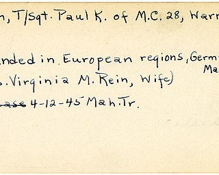 World War II, Vindicator, Paul K. Rein, Warren, wounded, Europe, Germany, Mrs. Virgina M. Rein, 1945, Mahoning, Trumbull