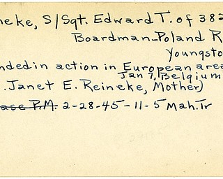 World War II, Vindicator, Edward T. Reineke, Youngstown, wounded, Europe, Belgium, Mrs. Janet E. Reineke, 1945, Mahoning, Trumbull
