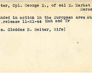 World War II, Vindicator, George E. Reiter, Mercer, wounded, Europe, 1944, Mahoning, Trumbull, Mrs. Gloddus B. Reiter