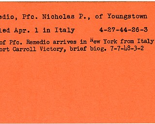 World War II, Vindicator, Nicholas P. Remedio, Youngstown, killed, Italy, 1944, body arrives in New York, Carroll Victory, 1948