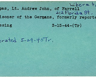 World War II, Vindicator, Andrew John Repas, Farrell, missing, prisoner, Germans, Germany, liberated, 1944, 1945, Trumbull