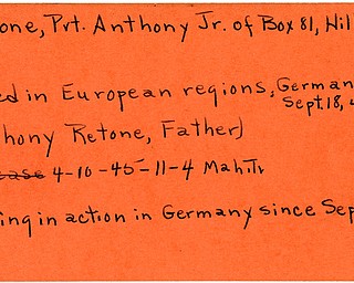 World War II, Vindicator, Anthony Retone Jr., Hillsville, missing, Germany, 1944, killed, Europe, Anthony Retone, 1945, Mahoning, Trumbull