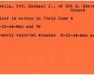 World War II, Vindicator, Michael J. Revella, Girard, wounded, killed, Italy, 1944, Mahoning, Trumbull