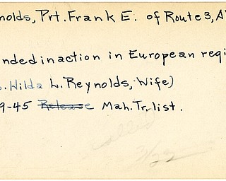 World War II, Vindicator, Frank E. Reynolds, Alliance, wounded, Europe, Mrs. Hilda L. Reynolds, 1945, Mahoning, Trumbull