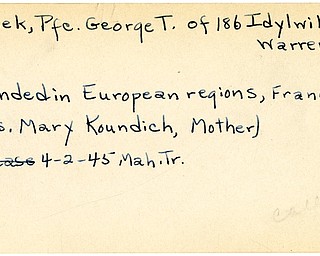 World War II, Vindicator, George T. Rezek, Warren, wounded, Europe, France, Mrs. Mary Koundich, 1945, Mahoning, Trumbull
