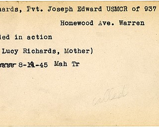 World War II, Vindicator, Joseph Edward Richards, Warren, wounded, Mrs. Lucy Richards, 1945, Mahoning, Trumbull