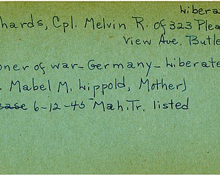 World War II, Vindicator, Melvin R. Richards, Butler, prisoner, Germany, liberated, Mrs. Mabel M. Lippold, 1945, Mahoning, Trumbull