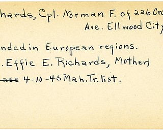 World War II, Vindicator, Norman F. Richards, Ellwood City, wounded, Europe, Mrs. Effie E. Richards, 1945, Mahoning, Trumbull