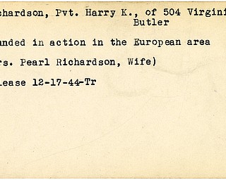 World War II, Vindicator, Harry K. Richardson, Butler, wounded, Europe, Mrs. Pearl Richardson, 1944, Trumbull