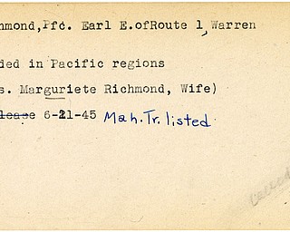 World War II, Vindicator, Earl E. Richmond, Warren, wounded, Pacific, Mrs. Marguriete Richmond, 1945, Mahoning, Trumbull