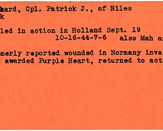 World War II, Vindicator, Patrick J. Rickard, Niles, killed, Holland, 1944, Mahoning, Trumbull, wounded, Normany, Normandy, Purple Heart