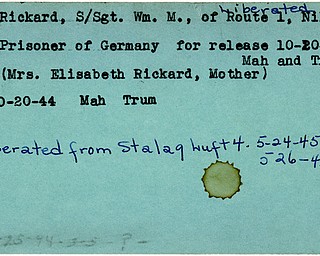 World War II, Vindicator, William M. Rickard, Niles, Liberated, prisoner, Germany, 1944, Mahoning, Trumbull, Mrs. Elisabeth Rickard, Stalag Luft 4, 1945