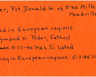 World War II, Vindicator, Donald G. Rider, Meadville, missing, Europe, 1945, Mahoning, Trumbull, Raymond W. Rider, killed