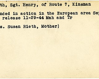 World War II, Vindicator, Henry Rieth, Kinsman, wounded, Europe, 1944, Mahoning, Trumbull, Mrs. Susan Rieth