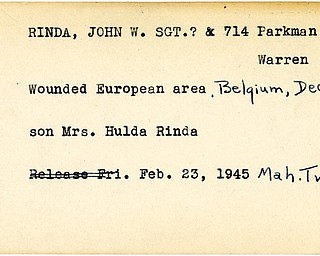 World War II, Vindicator, John W. Rinda, Warren, wounded, Europe, Belgium, Mrs. Hulda M. Rinda, 1945, Mahoning, Trumbull