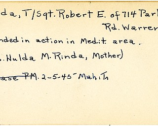 World War II, Vindicator, Robert E. Rinda, Warren, wounded, Mediterranean, Mrs. Hulda M. Rinda, 1945, Mahoning, Trumbull