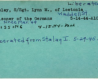 World War II, Vindicator, Lynn M. Ripley, Leetonia, missing, prisoner, Germans, Germany, 1944, liberated, Stalag I, 1945, Mahoning